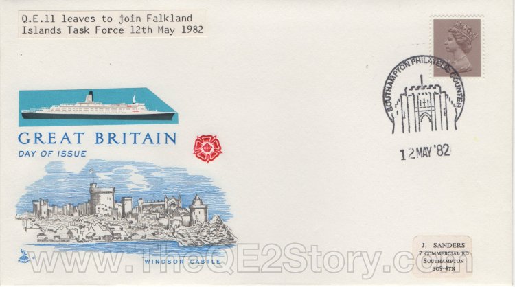 First day cover
This appears to be a commemorative envelope put together by J. Sanders. They were a philatelist company in Southampton. All the task force detail and the image of QE2 have been stuck on to a Windsor Castle envelope. It might possibly be a one off.
